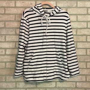 T By Talbots Womens Black white Striped Full Zip SPF+50 Hooded Size Large